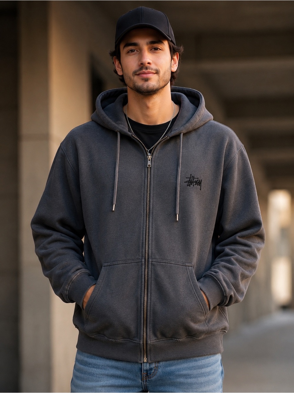 STÜSSY Gray Embroidered Logo Zip Up Hoodie Casual 90’s Y2K Streetwear Skater XL